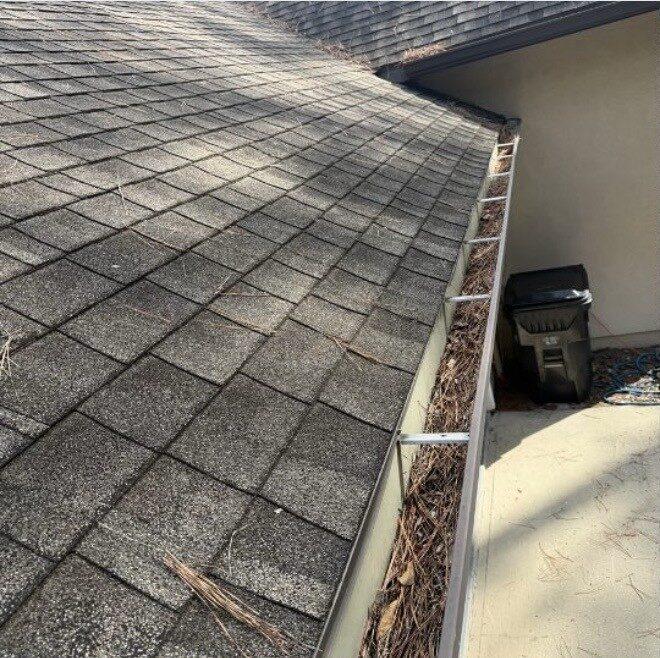 Gutter & Roofline Pine Straw Clearing — before